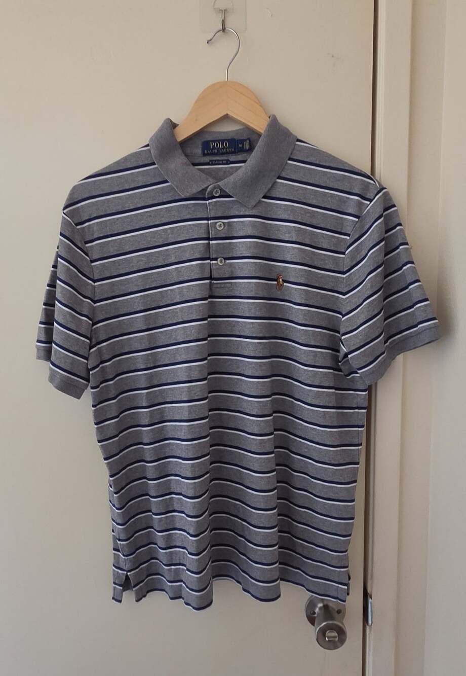 Polo Ralph Lauren Striped Polo Shirt Size M Grey Navy White Classic Fit